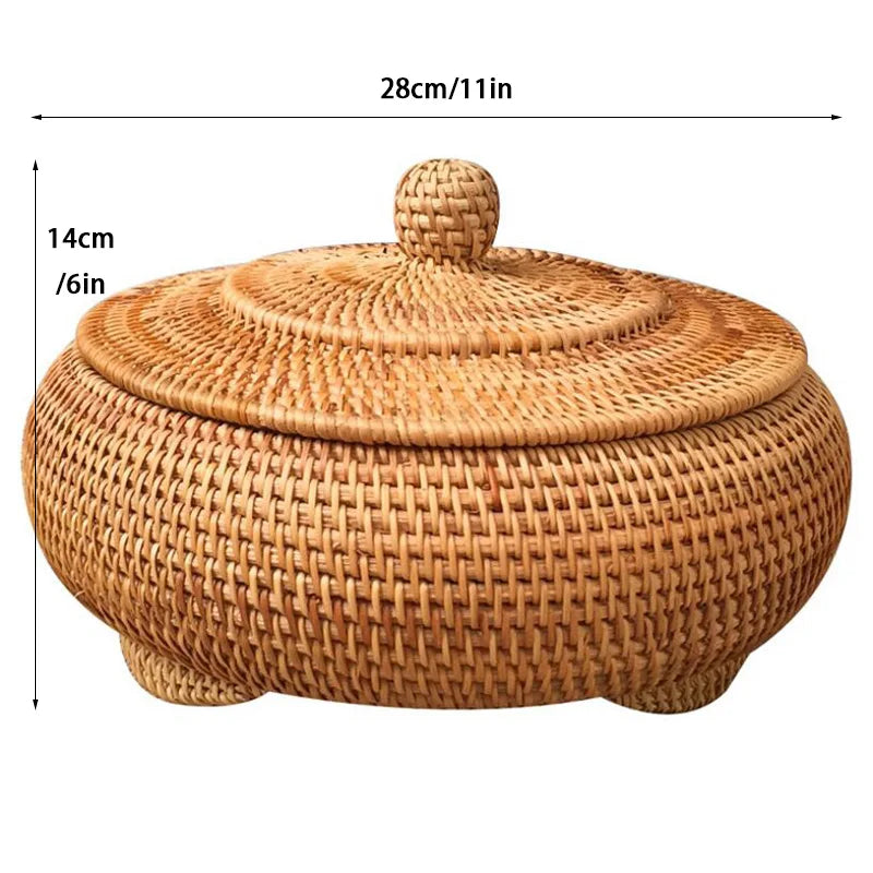 DecorBites™ Handwoven Rattan Storage Box With Lid - Kitchen Food Container & Home Organizer